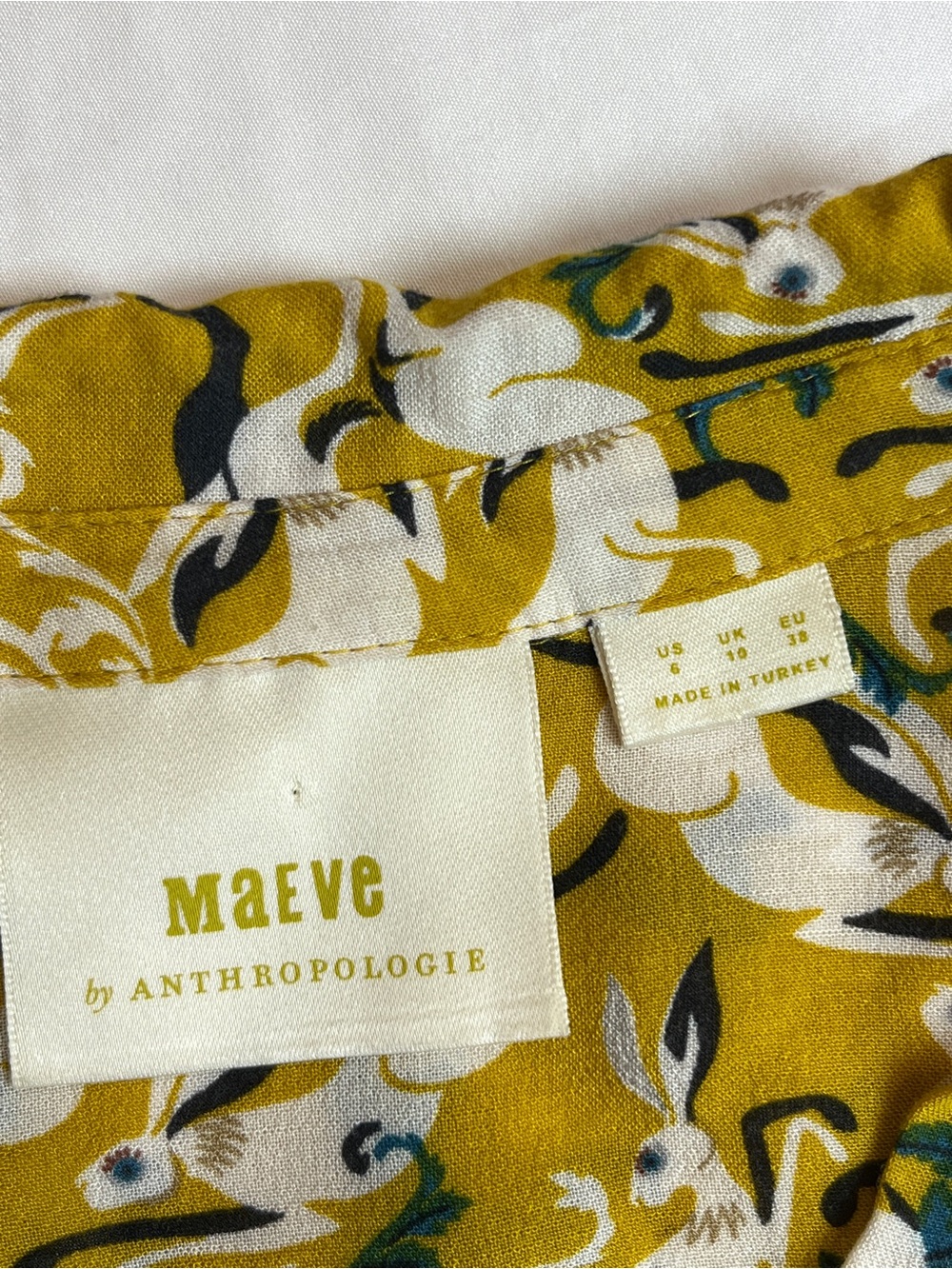 Maeve Anthropologie Shirt Womens 6 Yellow Rabbit Print Peplum Long Sleeve Ruffle - Picture 3 of 13